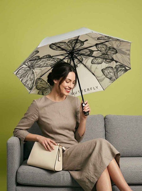 The Lithograph - Automatic Tri-Fold Umbrella | Butterfly Interior |  White