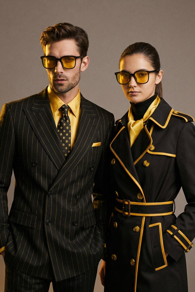 Two people in formal attire with yellow accents against a brown background