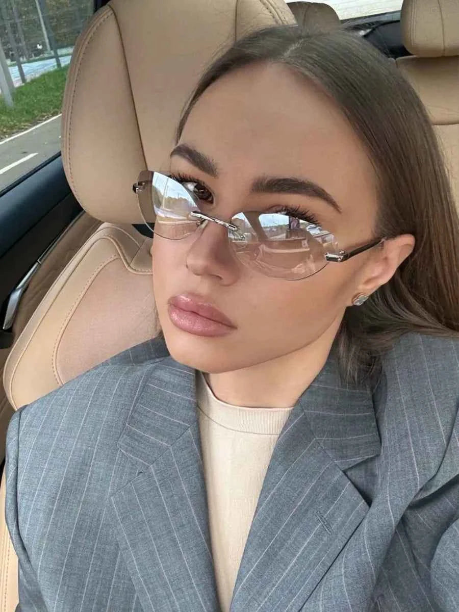 Marie Kiro Y2K Rimless Metal Oval Sunglasses - UV400 Mercury Concave Lens - Retro Frameless Fashion