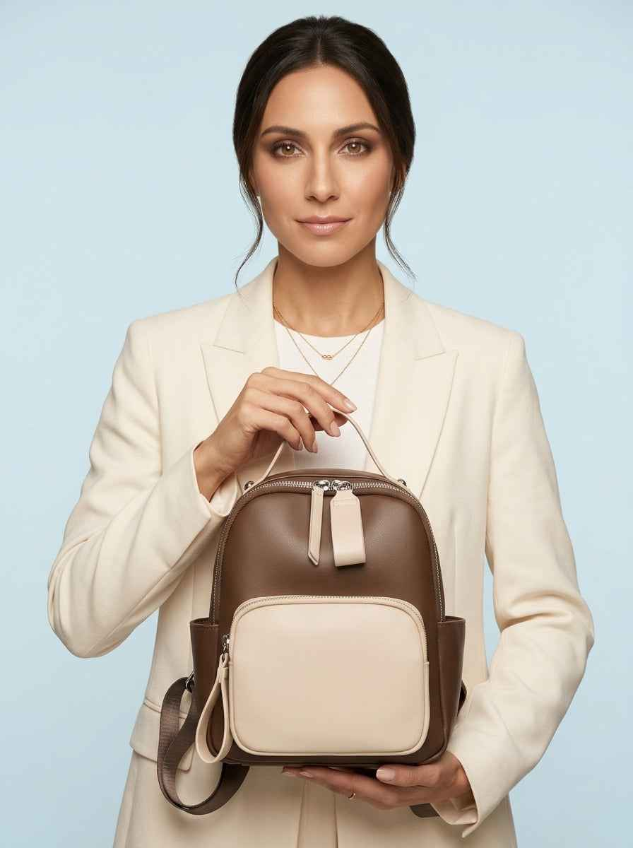 The Duet - Mini Backpack  Coffee & Cream | Two-Tone Vegan Leather Small Backpack Purse