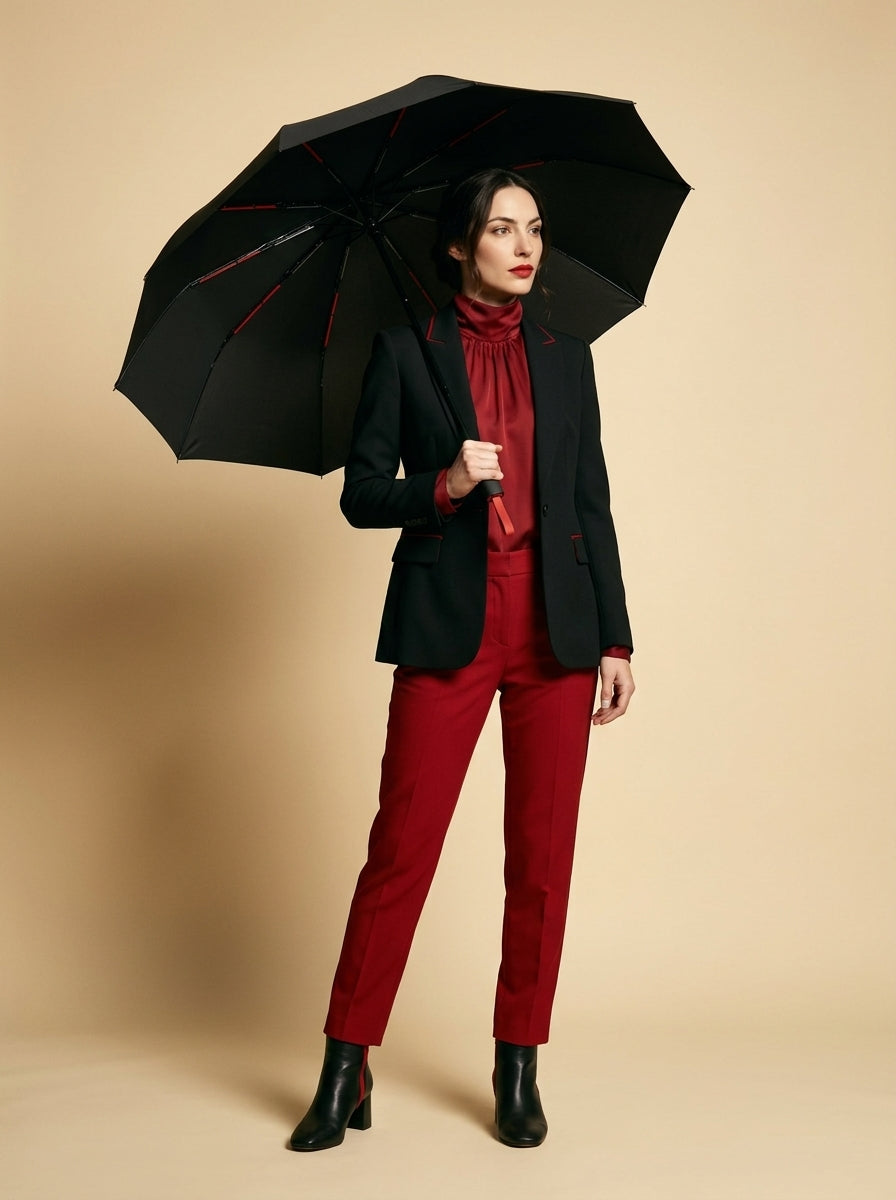 The Bastion - Black and Red Compact UPF50+ Automatic Windproof Travel Umbrella