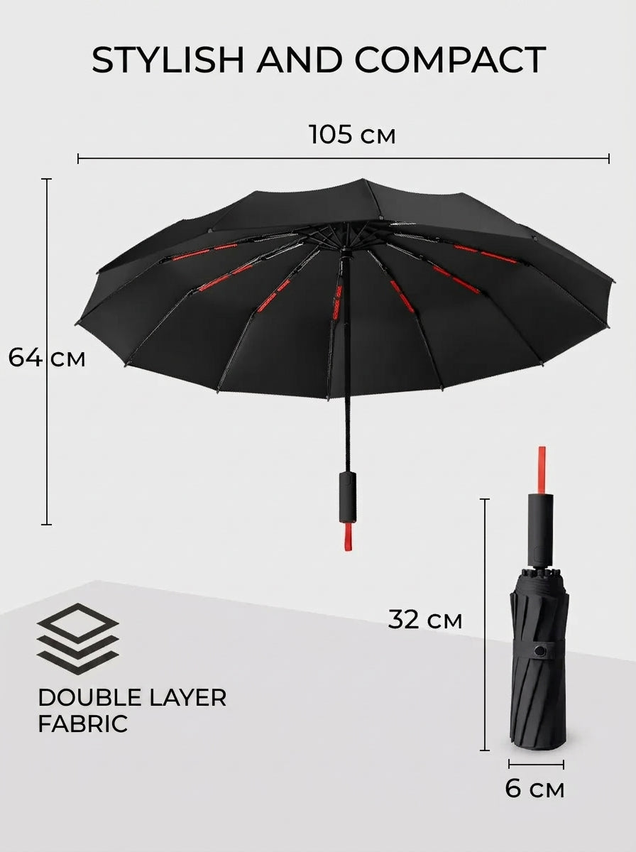 The Bastion - Black and Red Compact UPF50+ Automatic Windproof Travel Umbrella