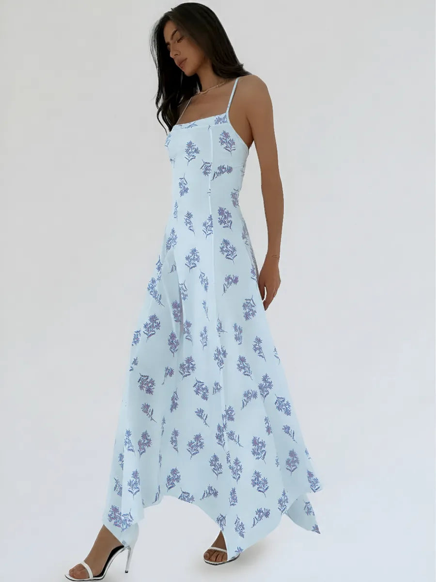 The Wildflower - Square Neck Cami Maxi Dress, Blue Floral