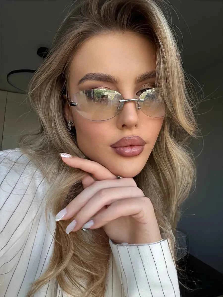 Marie Kiro Y2K Rimless Metal Oval Sunglasses - UV400 Mercury Concave Lens - Retro Frameless Fashion