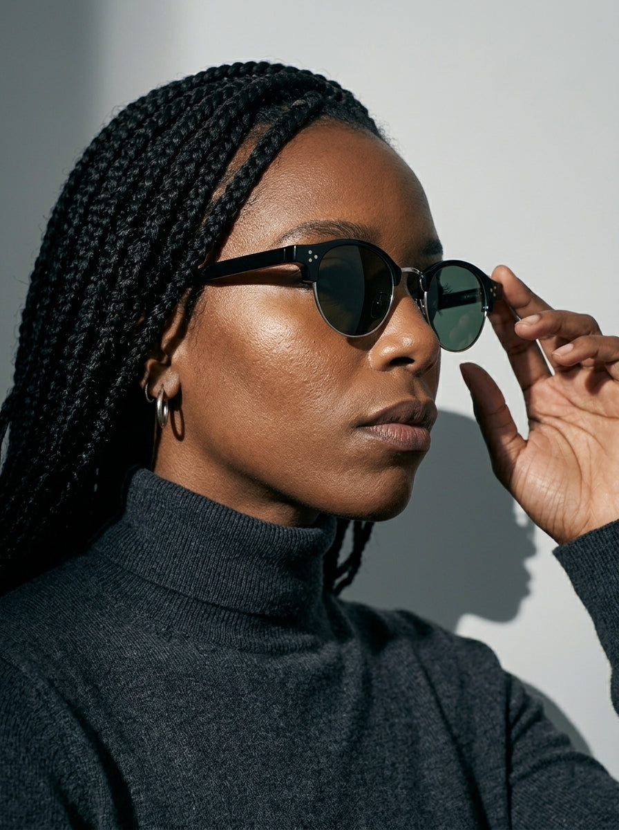 The Vantage - Black Silver with Green Lens | Round Half-Frame Polarized Sunglasses | UV400 TR90