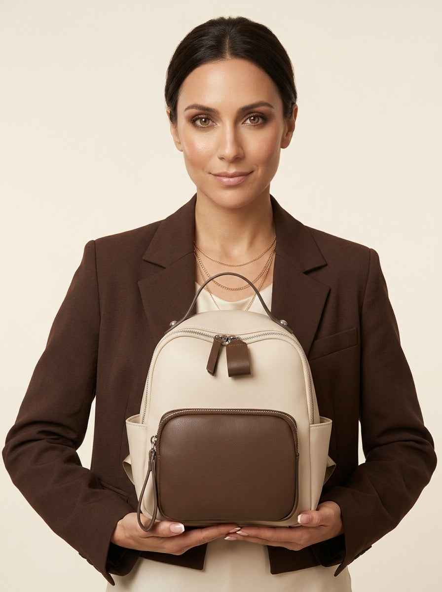The Duet - Mini Backpack  Caramel & Cream | Two-Tone Vegan Leather Small Backpack Purse
