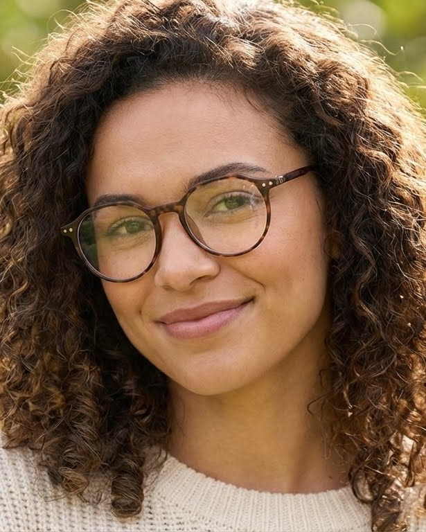Woman with glasses and curly hair smiling outdoors