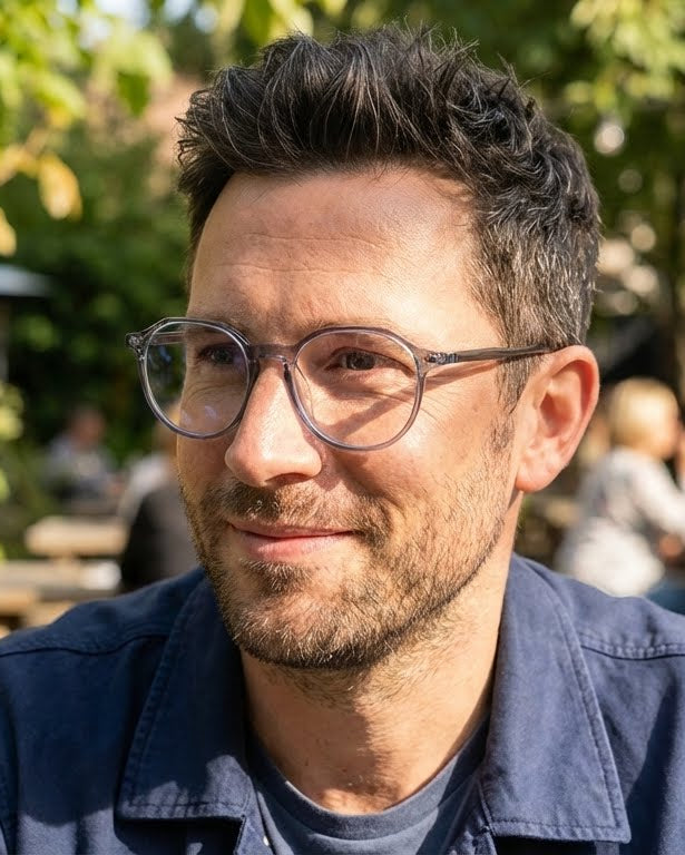 Man with glasses and a beard sitting outdoors with trees and people in the background