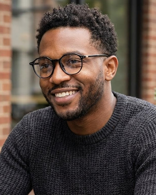 Man wearing glasses and a dark sweater sitting outdoors with a brick wall and greenery in the background