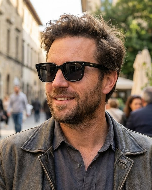 Man wearing sunglasses in an urban setting with people and buildings in the background