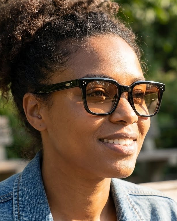 Woman wearing sunglasses and a denim jacket outdoors