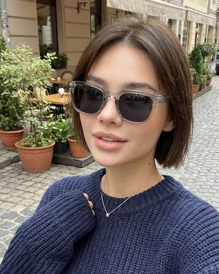 Woman wearing sunglasses and a blue sweater on a street with plants and buildings in the background