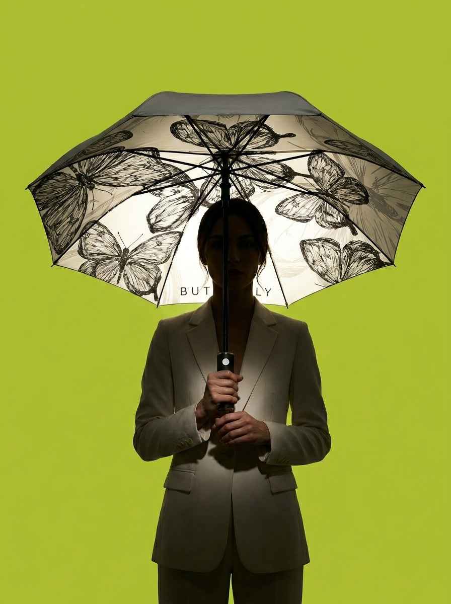 The Lithograph - Automatic Tri-Fold Umbrella | Butterfly Interior |  White