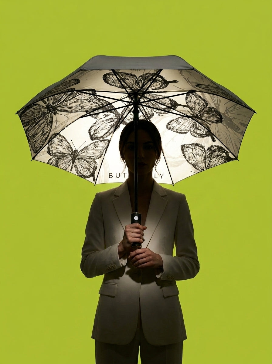 The Lithograph  Automatic Tri-Fold Umbrella | Butterfly Interior |  White