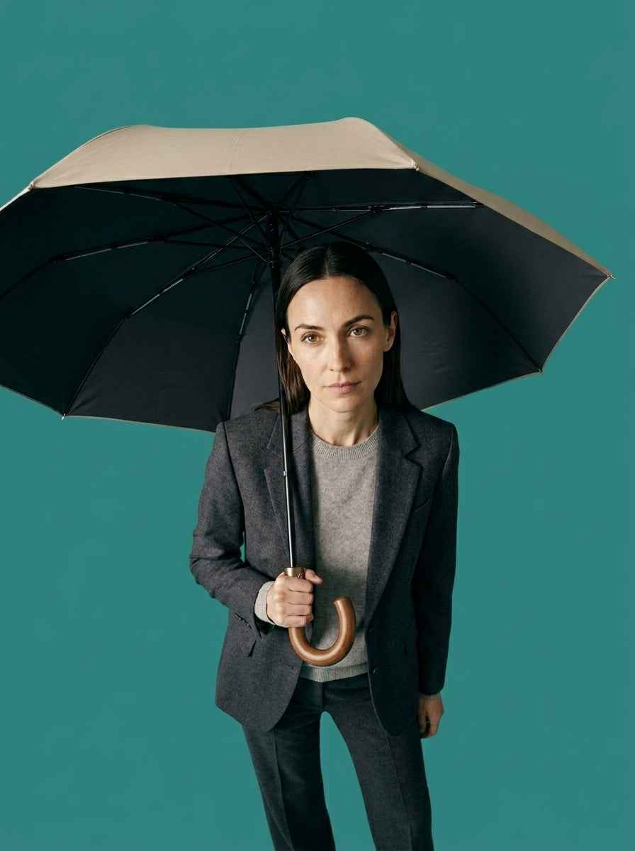 The Envoy - Natural Beige | Solid Wood Handle Automatic Umbrella | UPF50+