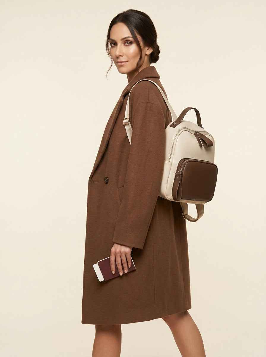 The Duet - Mini Backpack  Caramel & Cream | Two-Tone Vegan Leather Small Backpack Purse