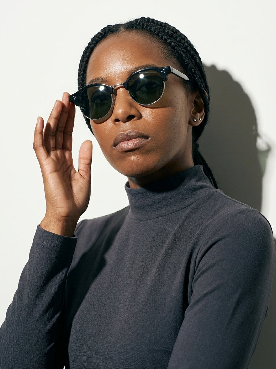The Vantage - Black Silver with Green Lens | Round Half-Frame Polarized Sunglasses | UV400 TR90