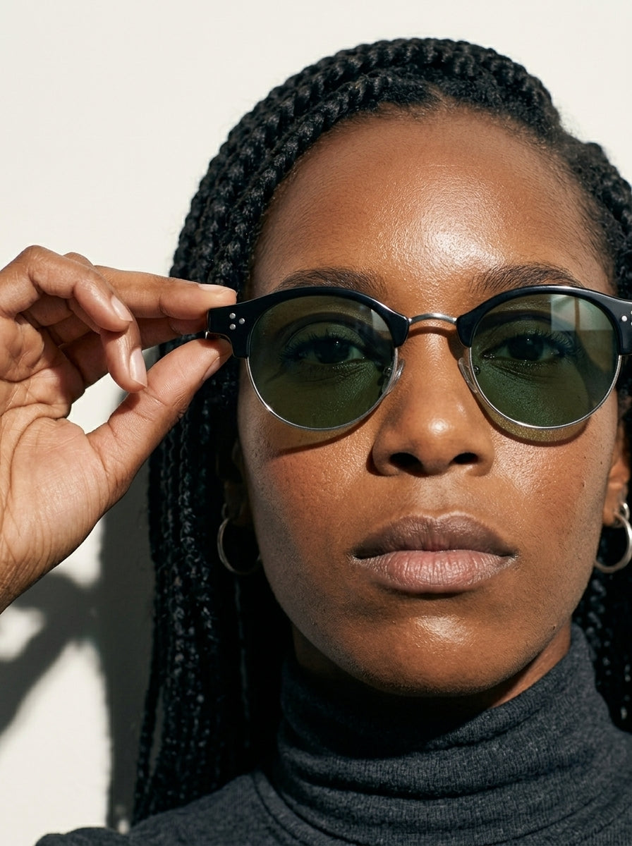 The Vantage - Black Silver with Green Lens | Round Half-Frame Polarized Sunglasses | UV400 TR90
