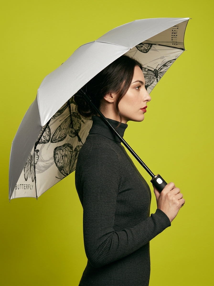 The Lithograph  Automatic Tri-Fold Umbrella | Butterfly Interior |  White