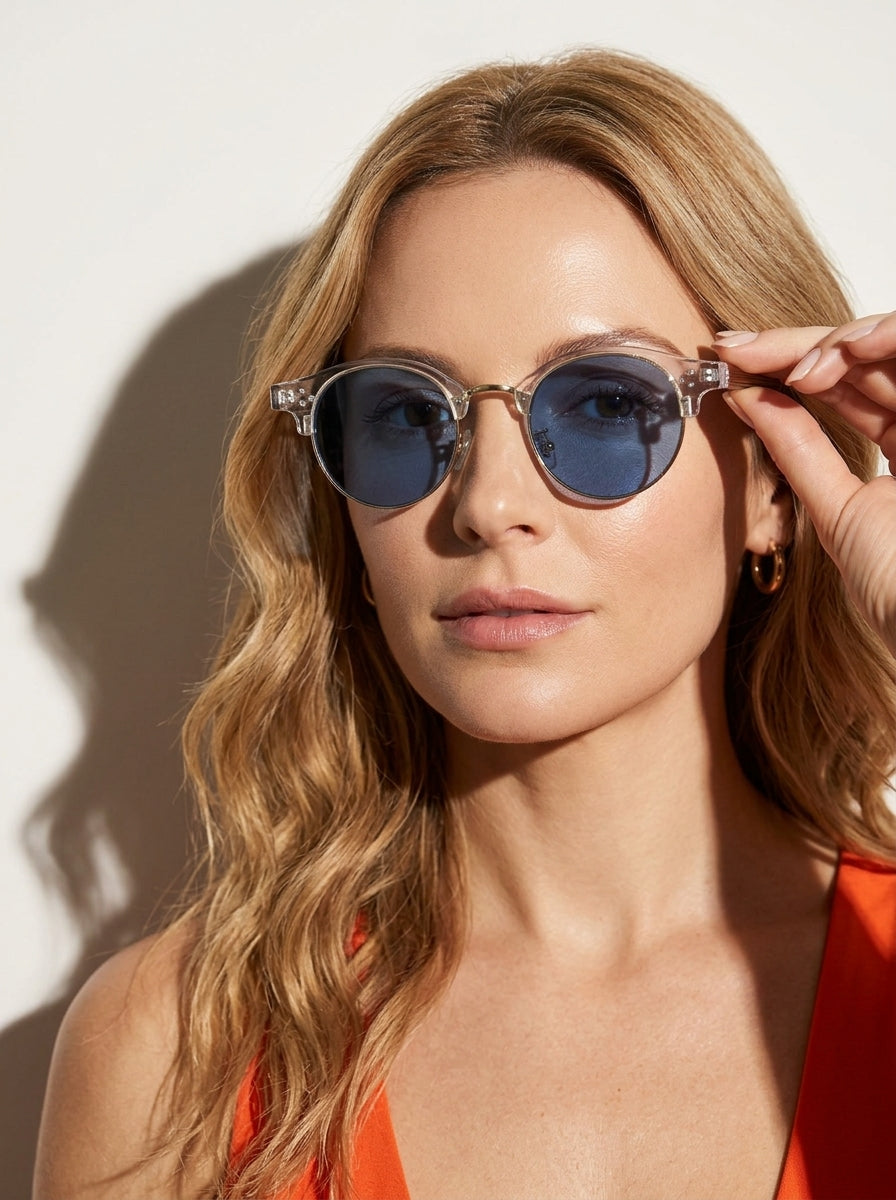The Vantage - Transparent with Blue Lens | Round Half-Frame Polarized Sunglasses | UV400 TR90