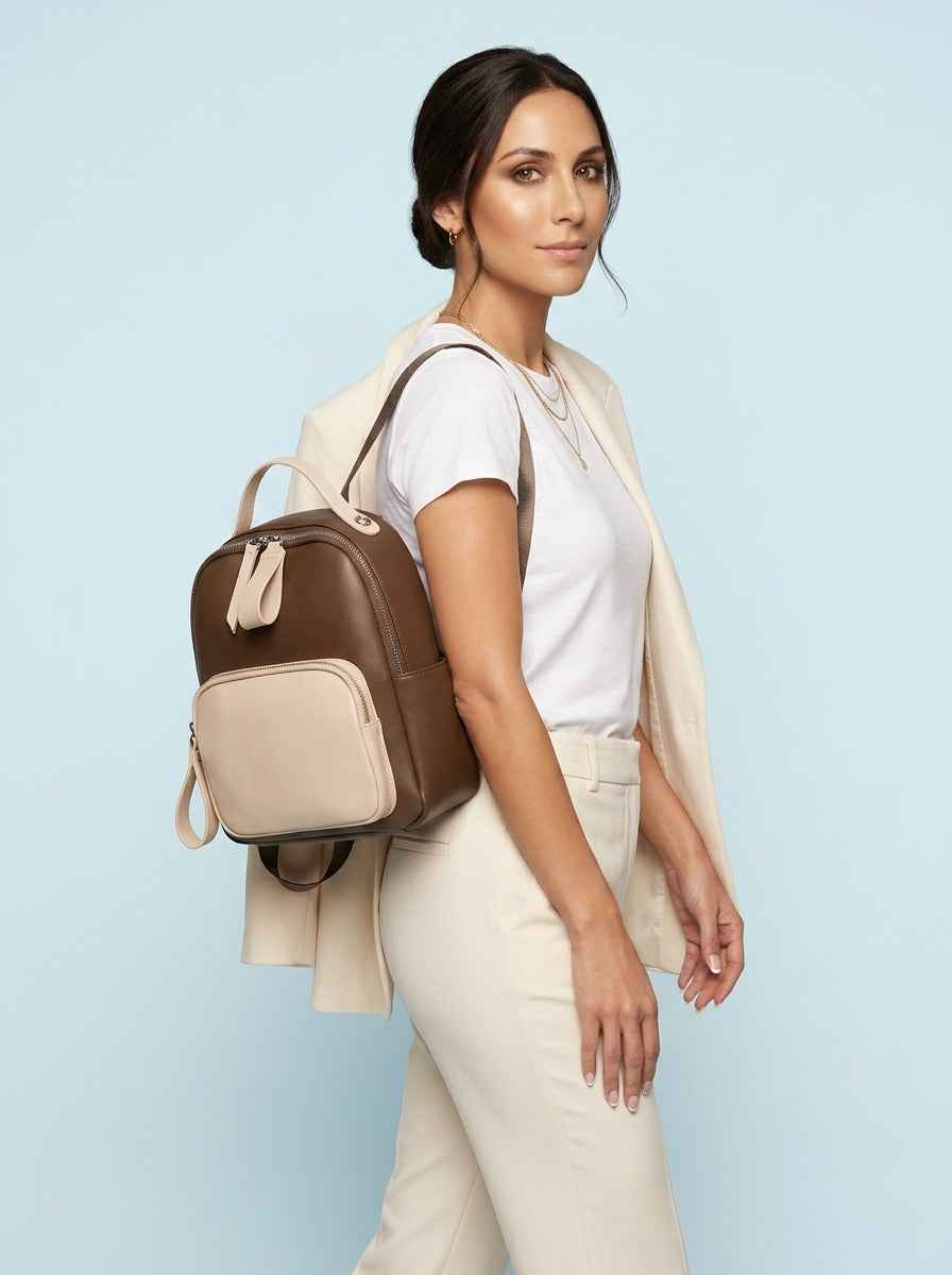 The Duet - Mini Backpack  Coffee & Cream | Two-Tone Vegan Leather Small Backpack Purse