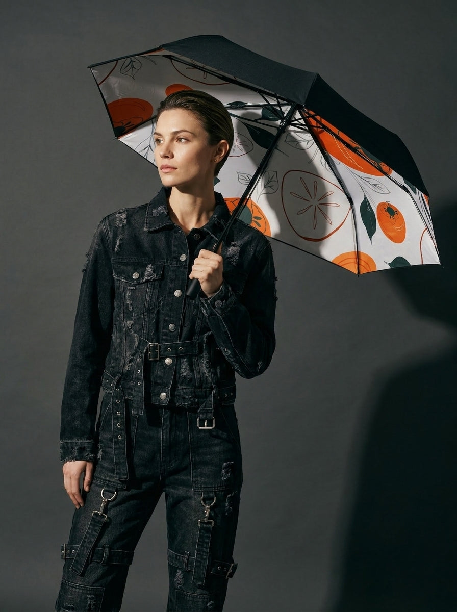 The Seville - Compact Travel Umbrella  UV Protection Double Layer Manual Fold Orange Botanical Print