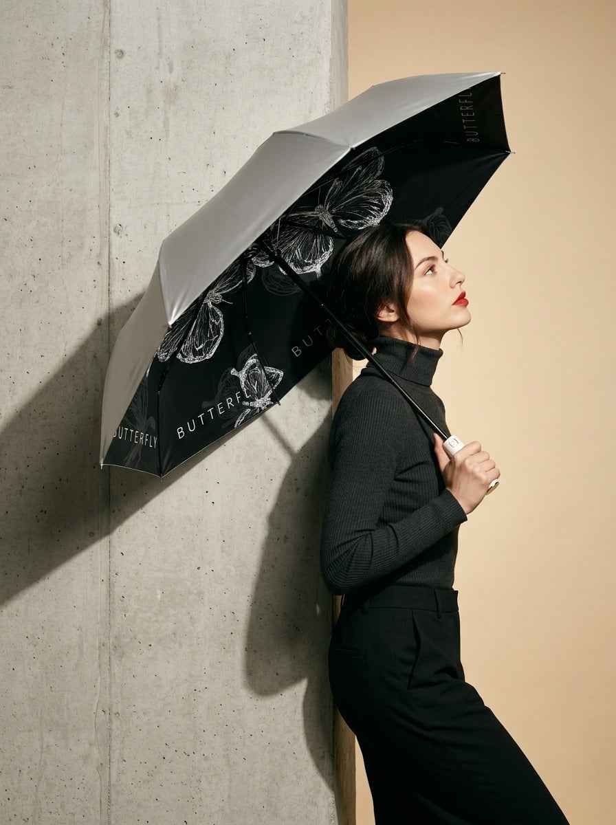 The Lithograph - Automatic Tri-Fold Umbrella | Butterfly Interior |  Black