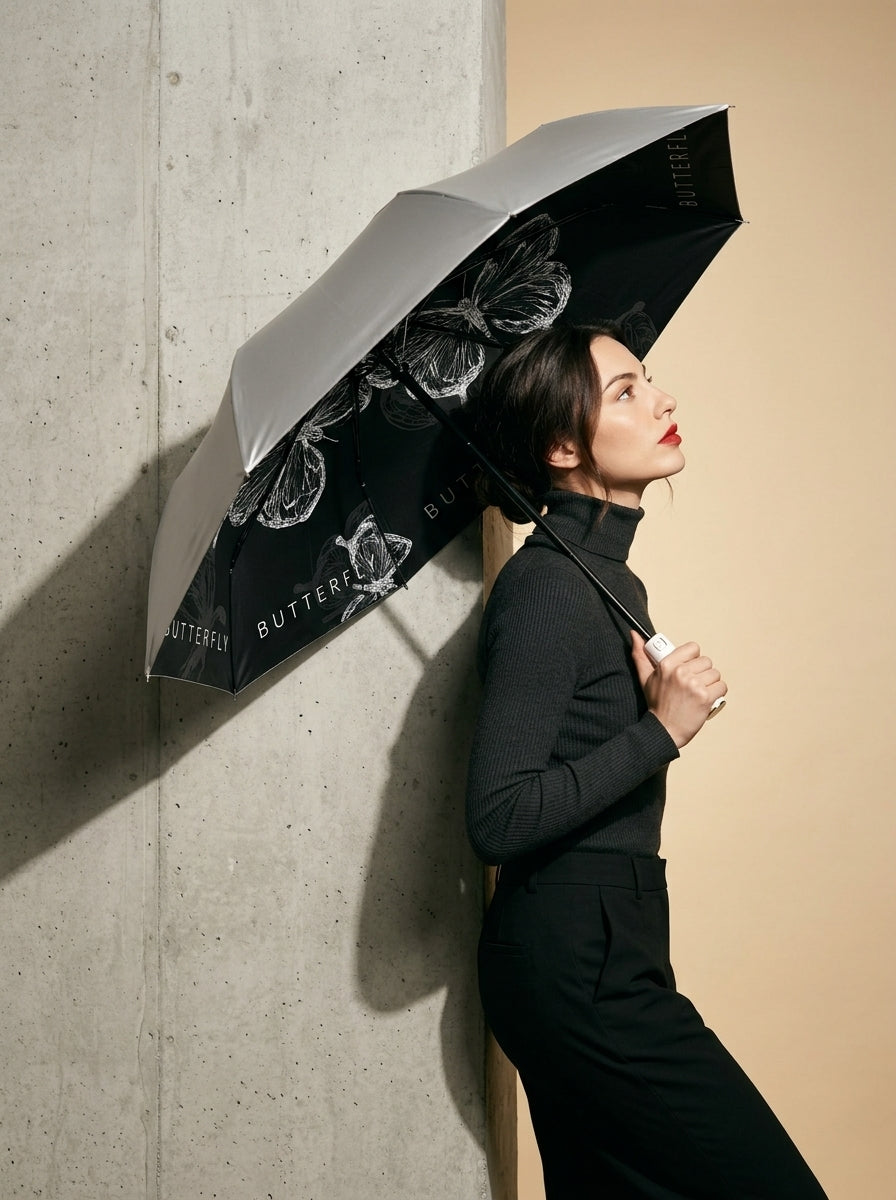 The Lithograph  Automatic Tri-Fold Umbrella | Butterfly Interior |  Black