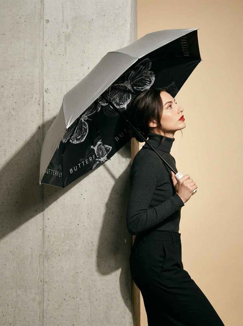 The Lithograph - Automatic Tri-Fold Umbrella | Butterfly Interior |  Black