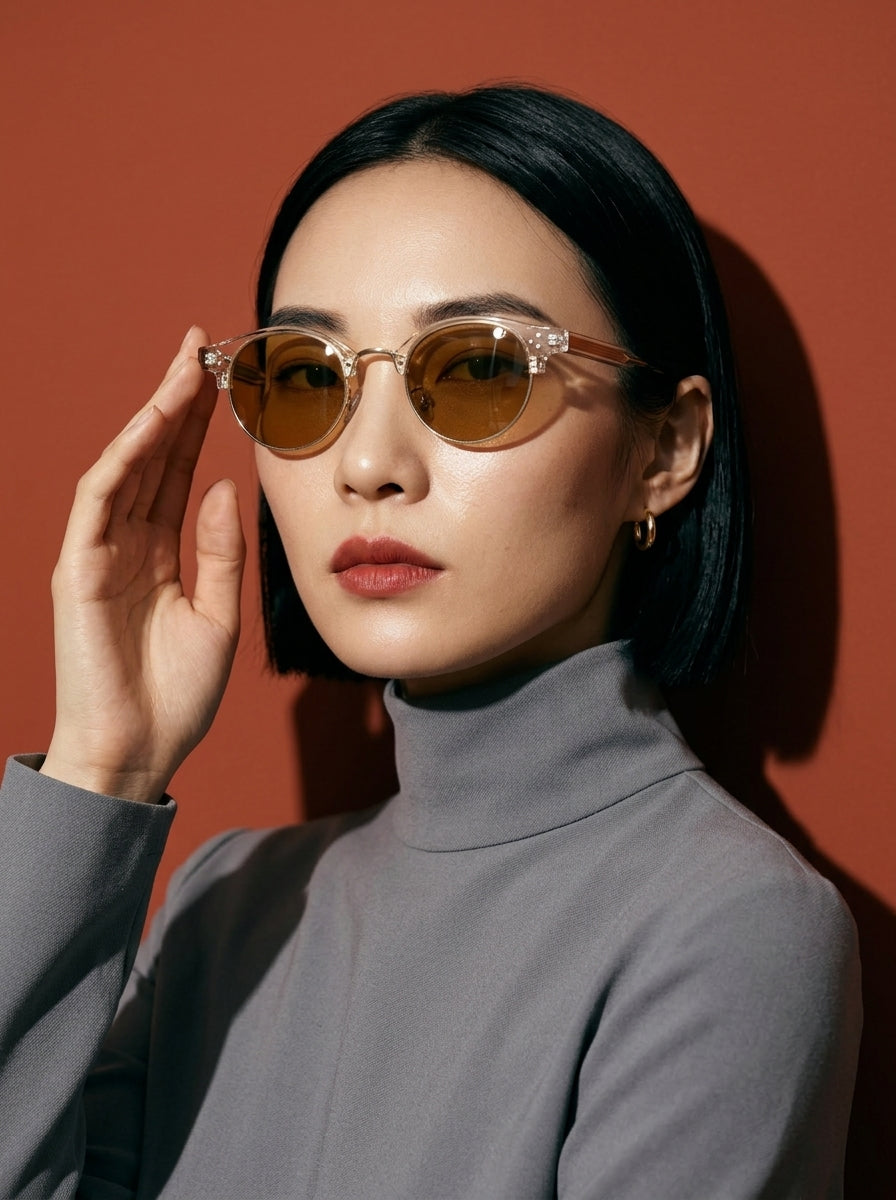 The Vantage - Transparent Tea with Amber Lens | Round Half-Frame Polarized Sunglasses | UV400 TR90