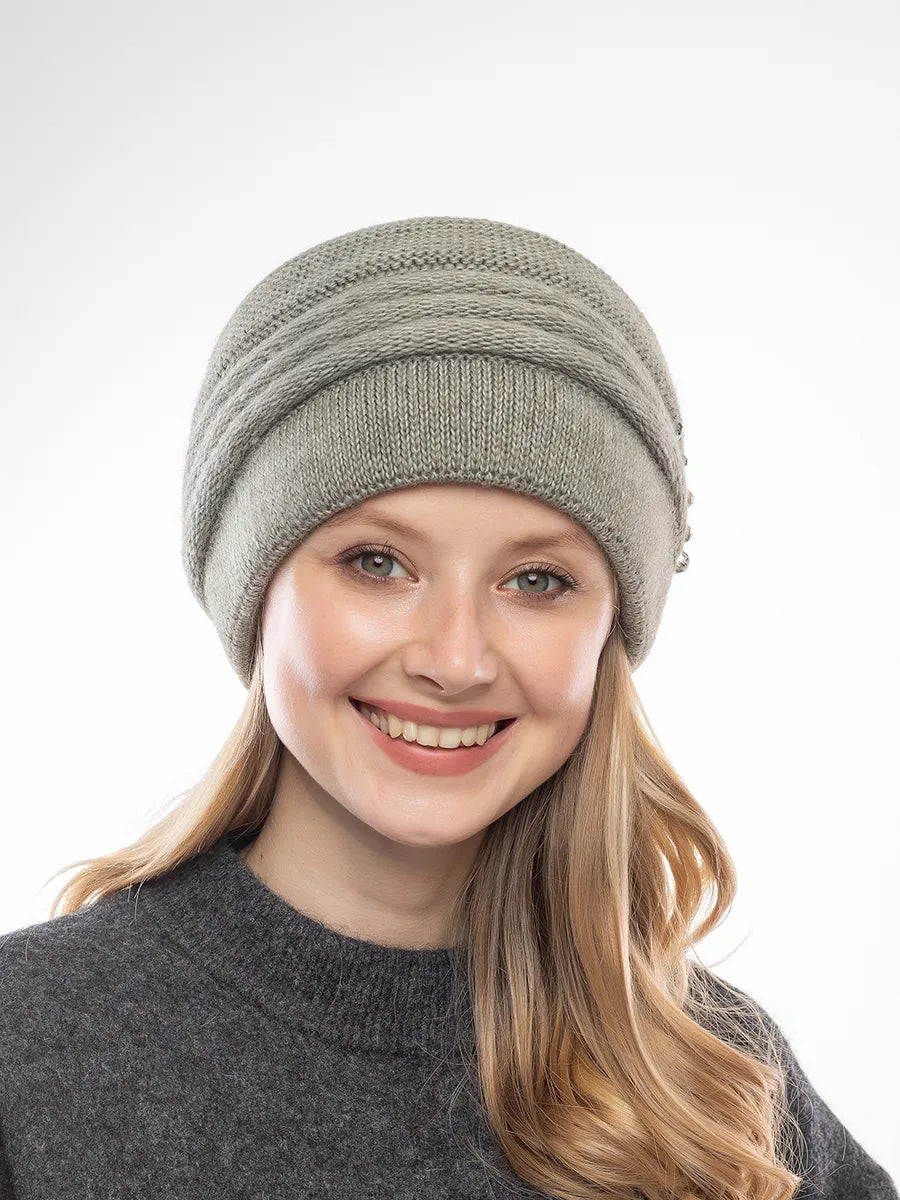 Marie Kiro Cold Open Wide-Brim Knit Beanie, Olive Green