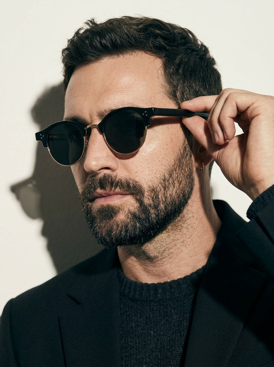 The Vantage - Black Gold with Black Gray Lens | Round Half-Frame Polarized Sunglasses | UV400 TR90