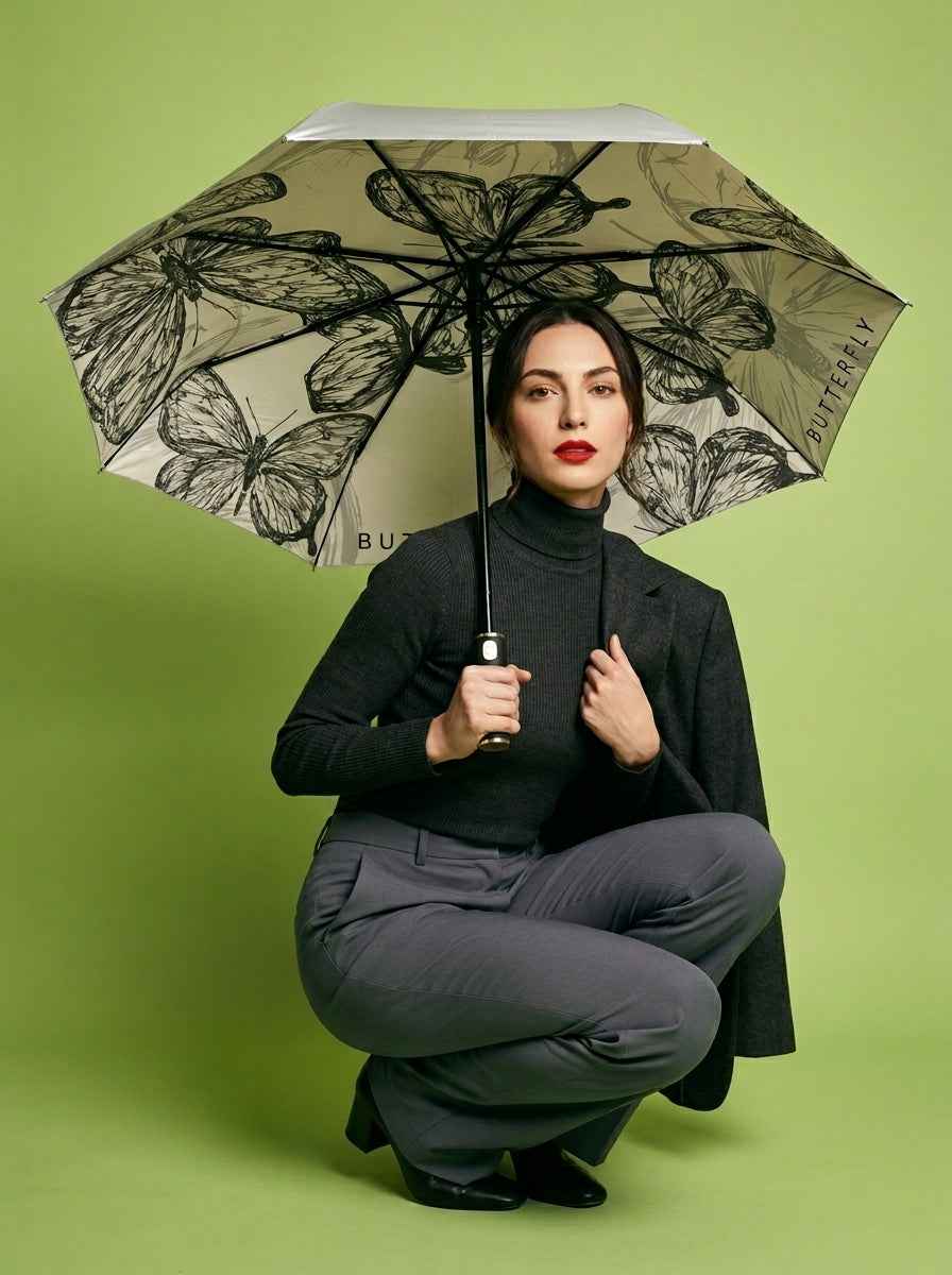 The Lithograph - Automatic Tri-Fold Umbrella | Butterfly Interior |  White