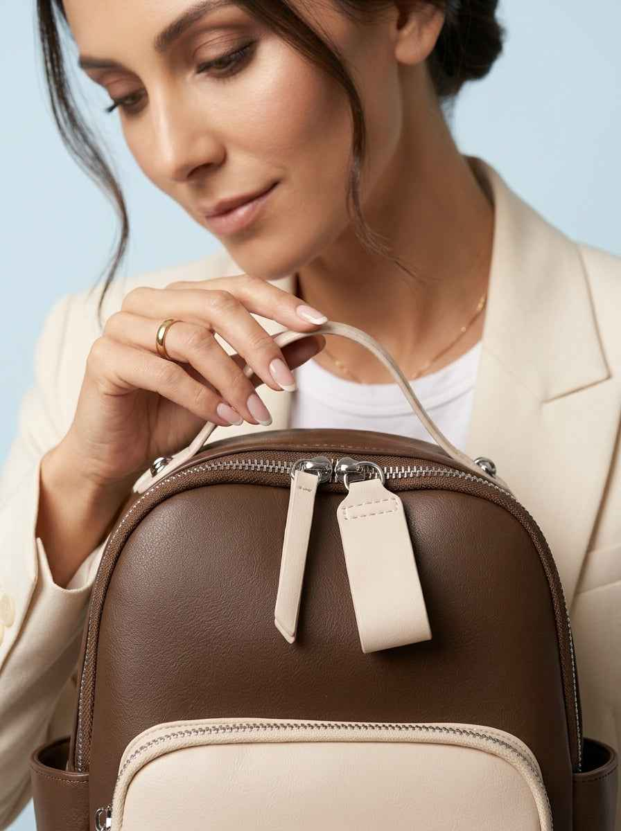 The Duet - Mini Backpack  Coffee & Cream | Two-Tone Vegan Leather Small Backpack Purse
