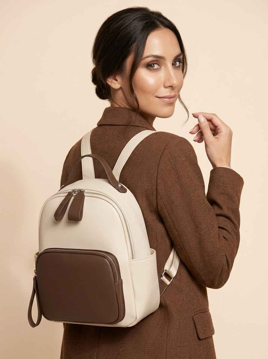 The Duet - Mini Backpack  Caramel & Cream | Two-Tone Vegan Leather Small Backpack Purse