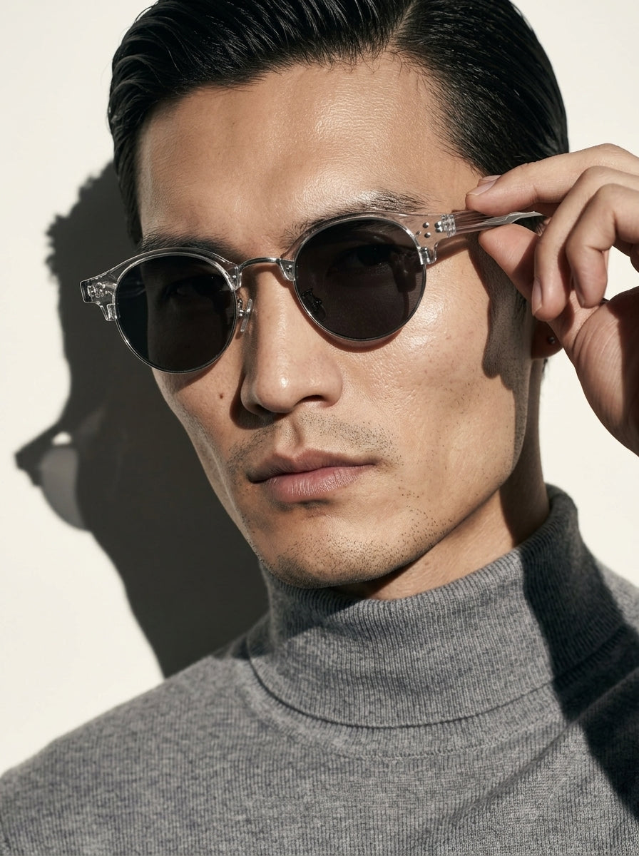 The Vantage - Transparent Gray with Black Gray Lens | Round Half-Frame Polarized Sunglasses | UV400 TR90