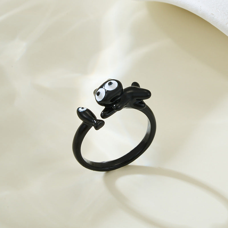 MK-Black Cat Open Ring Copper Adjustable Cartoon Animal Ring Cute Fashion Creative Index Finger Ring for Women Micropaved Jewelry