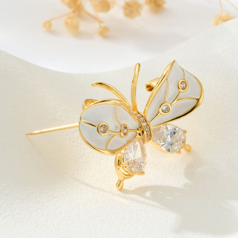 MK Enamel Butterfly Brooch Gold Plated Copper Alloy Zircon Inlay Original Design Two-Tone Pin