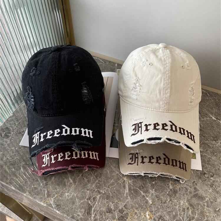 Marie Kiro Freedom Distressed Denim Baseball Cap - Vintage Embroidery Dad Hat - Adjustable Unisex Cotton Cap
