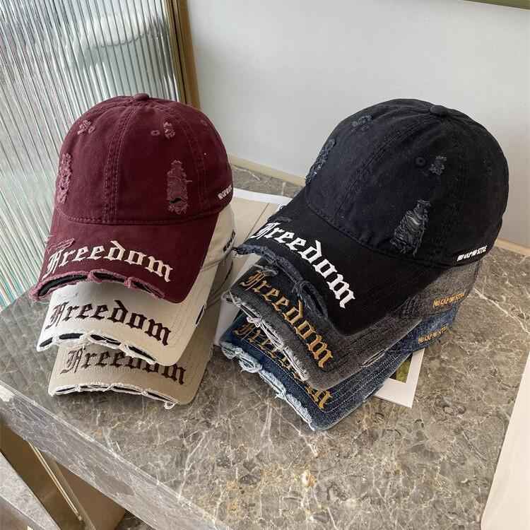 Marie Kiro Freedom Distressed Denim Baseball Cap - Vintage Embroidery Dad Hat - Adjustable Unisex Cotton Cap