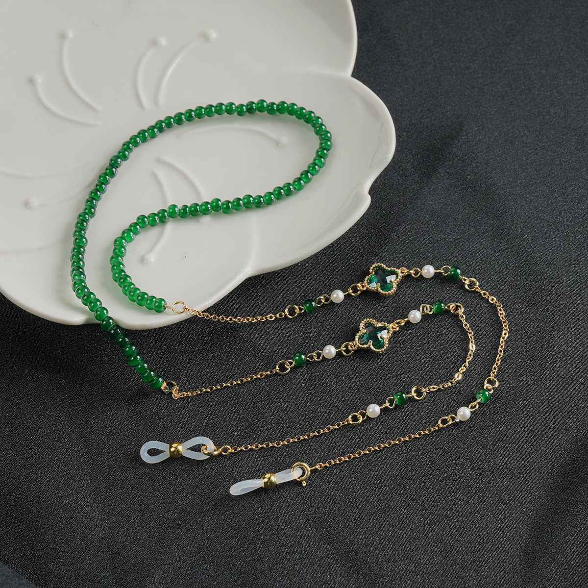 Marie Kiro: Retro Beaded Eyeglass Chain Titanium Steel Non-Slip Neck Strap with Chalcedony Accents