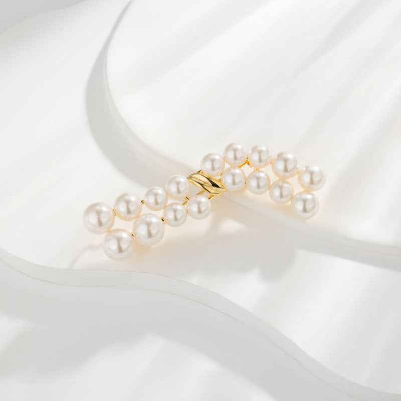 MK-Geometric Pearl Brooch Gold Tone Curved Design Fashion Pin Accessory for Women Elegant Statement Jewelry