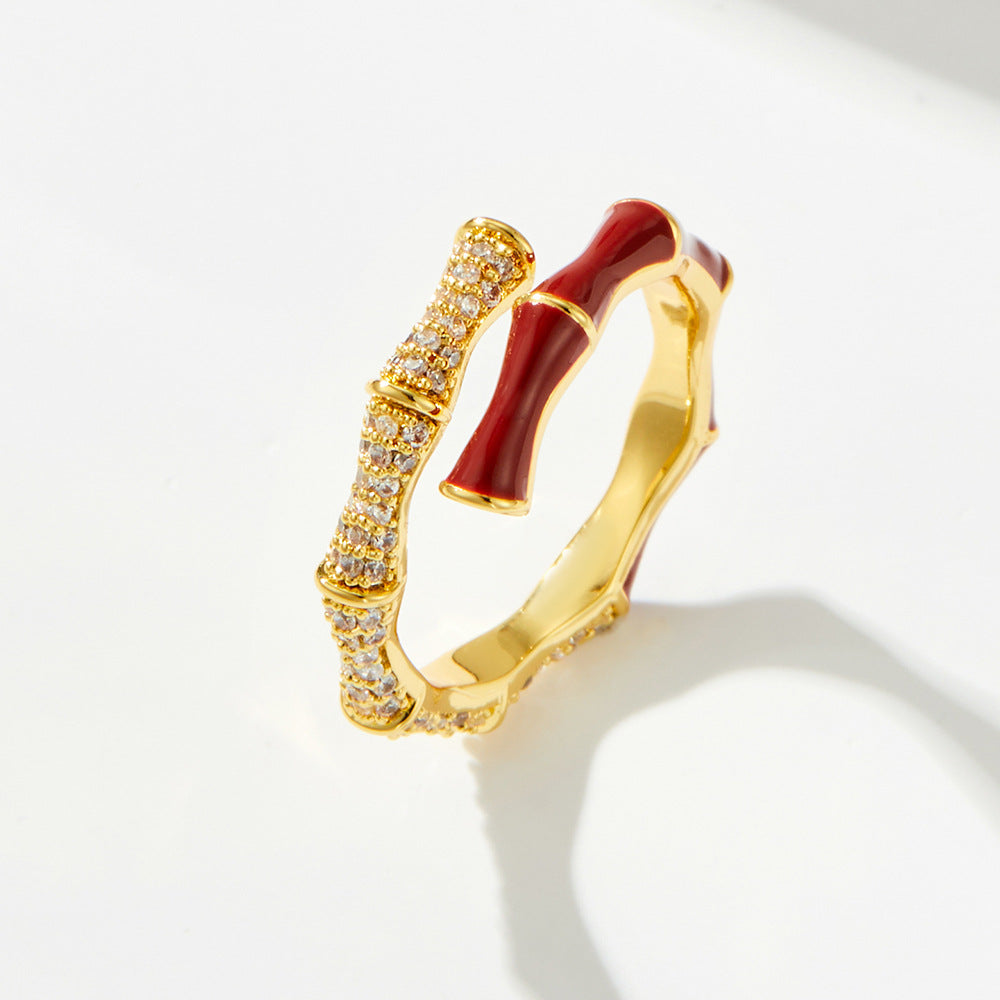 MK-Bamboo Open Ring Red Enamel Copper Adjustable Chinese Style Micro-inlaid Zircon Finger Ring High-End Fashion Jewelry for Women