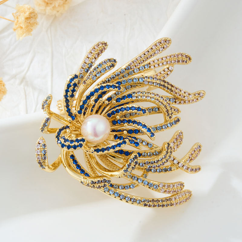 MK-Seaweed Pearl Brooch Copper Gold Plated Zircon Freshwater Pearl Three-Dimensional Gradient Ocean-Inspired Pin Corsage for Women