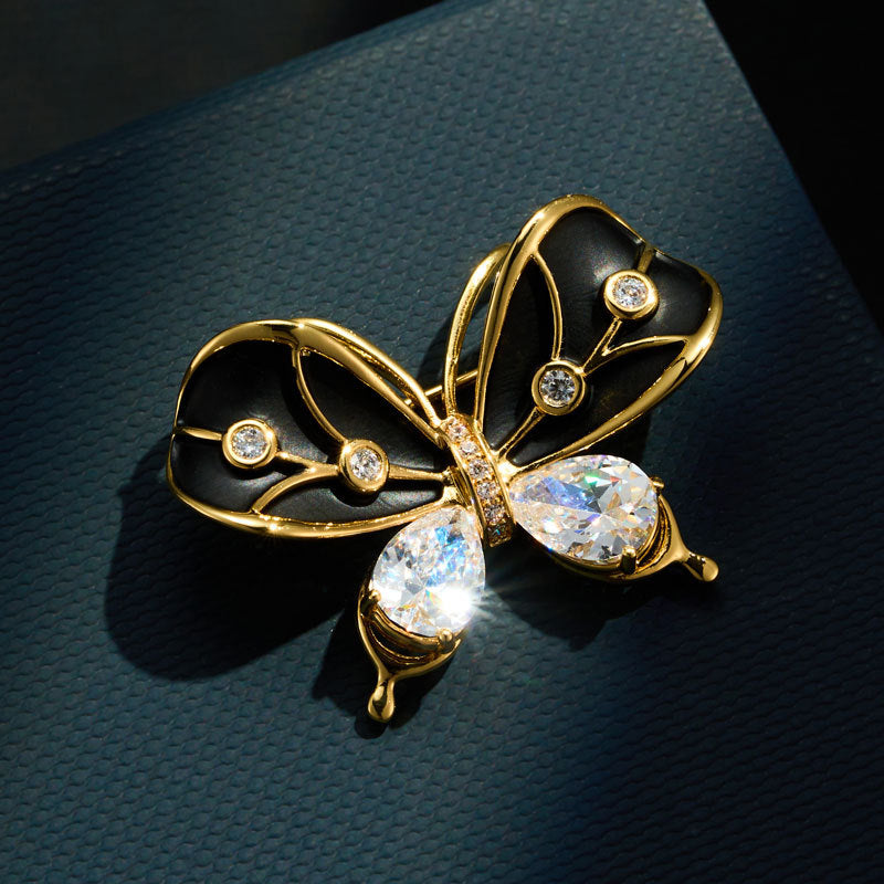 MK Enamel Butterfly Brooch Gold Plated Copper Alloy Zircon Inlay Original Design Two-Tone Pin