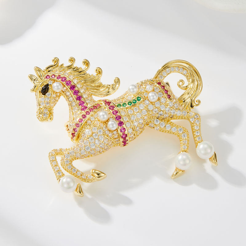 MK-Galloping Horse Brooch Copper Alloy Gold Plated Luxury Zirconia Horse Pin Unisex Commemorative Gift Accessory