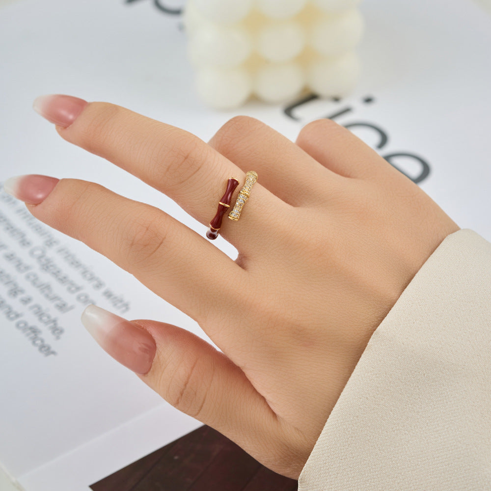 MK-Bamboo Open Ring Red Enamel Copper Adjustable Chinese Style Micro-inlaid Zircon Finger Ring High-End Fashion Jewelry for Women