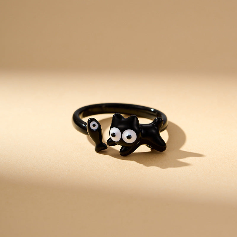 MK-Black Cat Open Ring Copper Adjustable Cartoon Animal Ring Cute Fashion Creative Index Finger Ring for Women Micropaved Jewelry