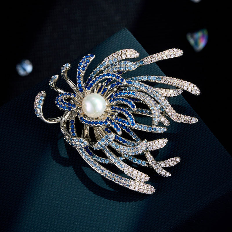 MK-Seaweed Pearl Brooch Copper Gold Plated Zircon Freshwater Pearl Three-Dimensional Gradient Ocean-Inspired Pin Corsage for Women
