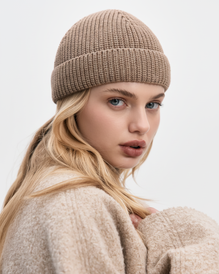 Woman wearing a beige knit hat and sweater against a light background